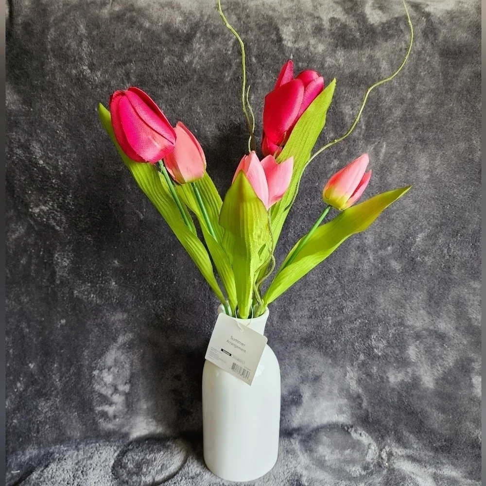 NWT summer pink Tulip Floral Arrangement in White Ceramic Pot, 17
